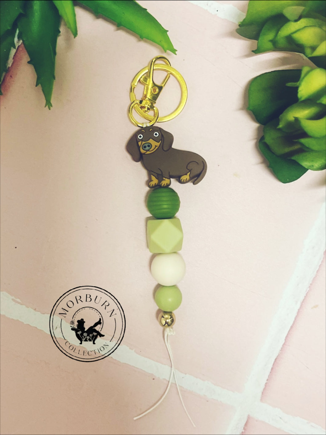 Brown Dashound Green key ring