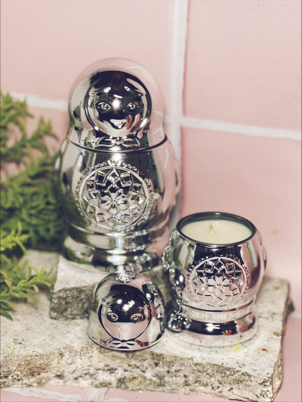Silver Babushka Doll Candle set