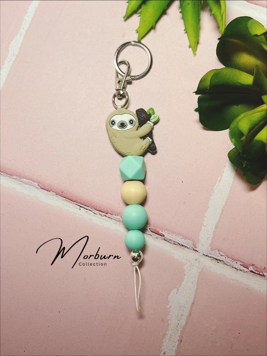 Green Sloth with Turquoise key ring